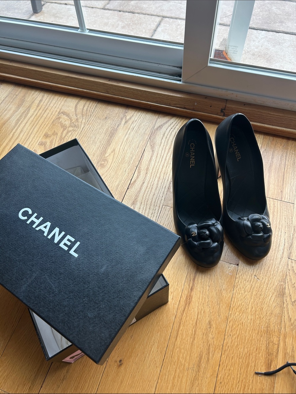 CHANEL Black Leather Camellia Detail Pumps - Picture 2 of 6